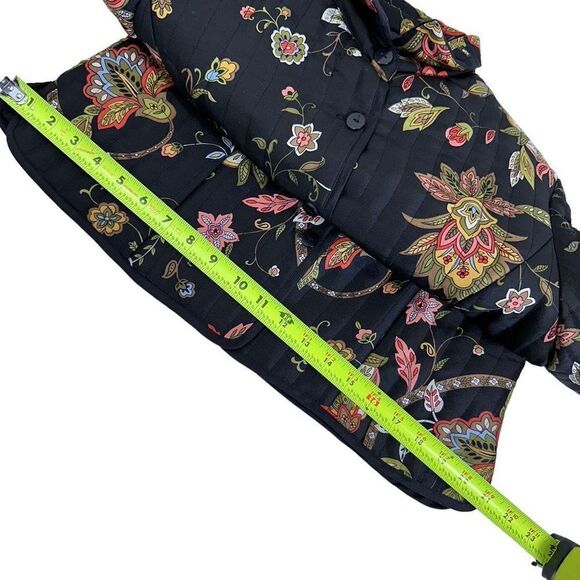 Silkland 100% Black Silk Floral Print Puffer Jacket Women’s Size Petite - Picture 8 of 11